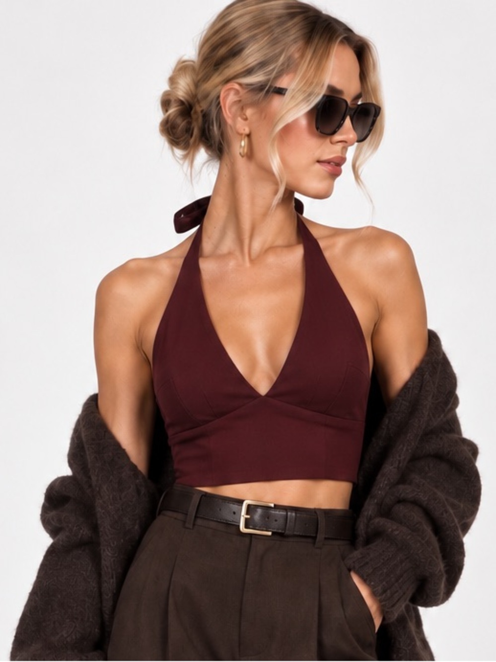 Abercrombie Burgundy Halter Crop Top Deep V Tie Back Going Out Y2K Size Small